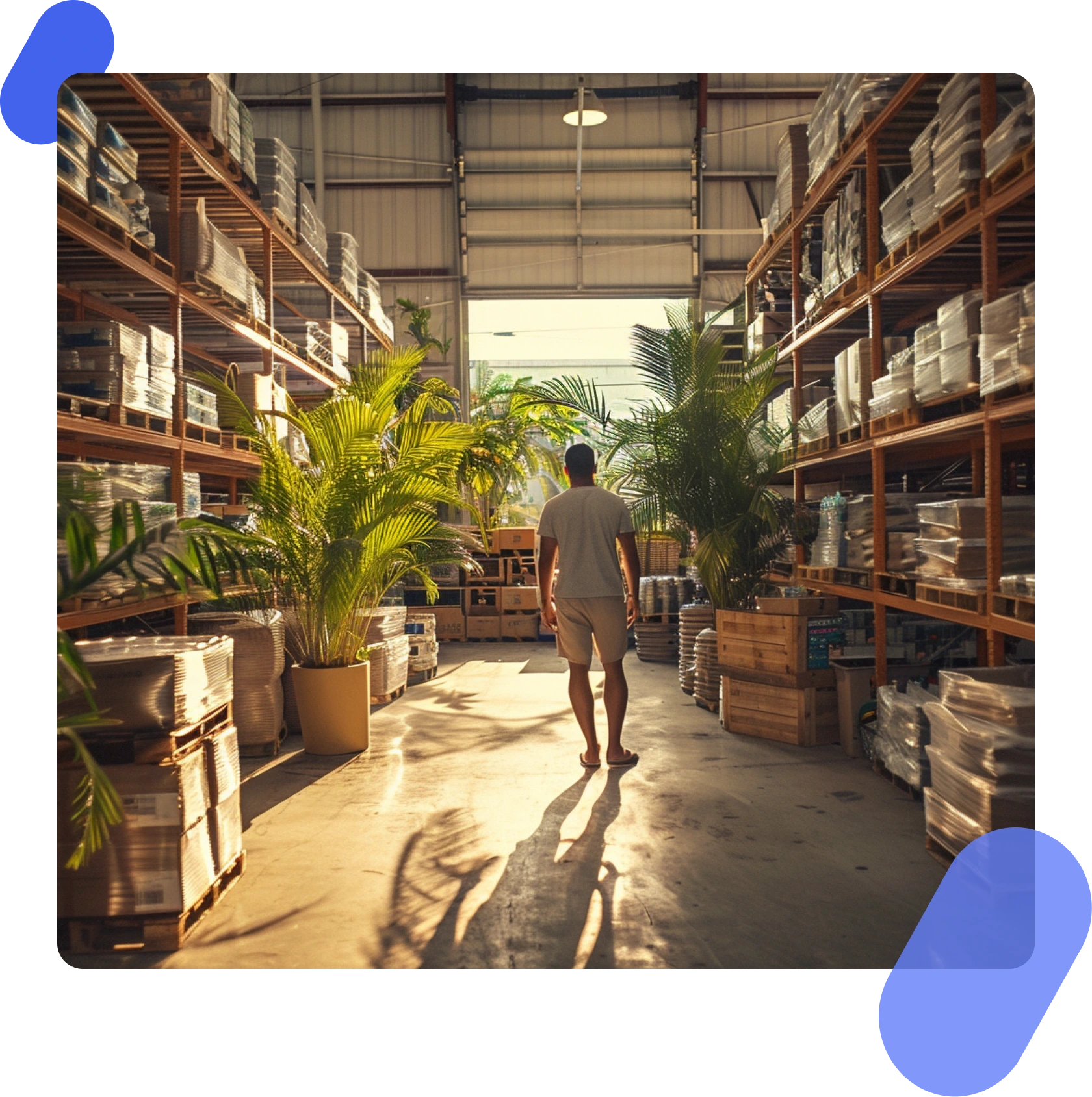 Photo of a man in a warehouse workplace, surrounded by shelves and engaging in tasks related to inventory or logistics.